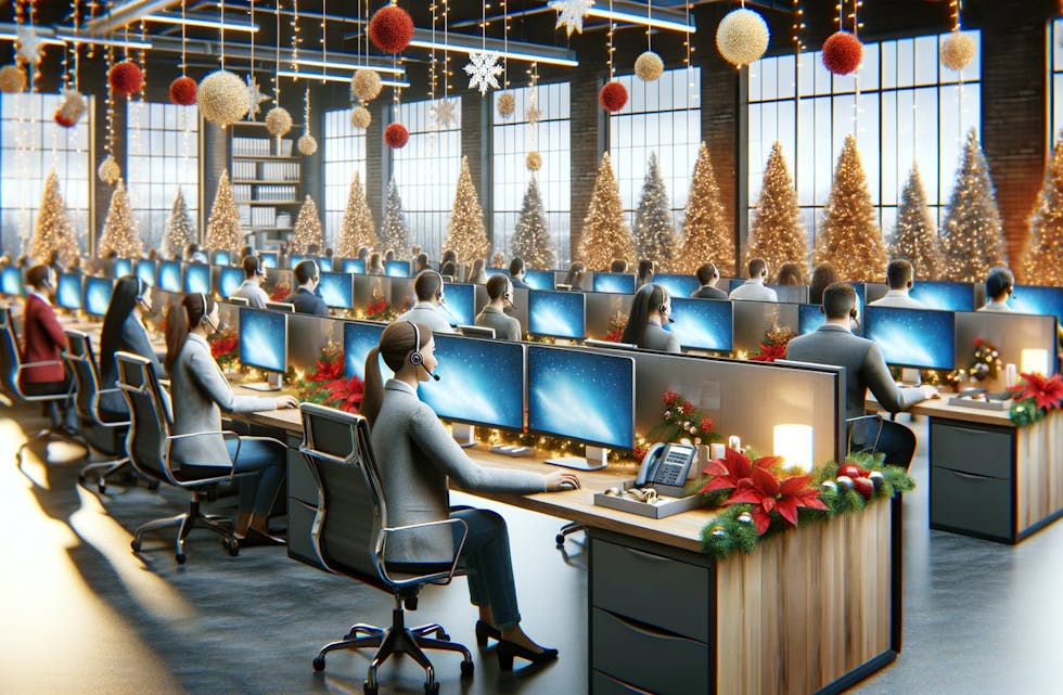 DALL·E 2023-12-19 09.17.47 - A realistic depiction of a customer service department during the holiday season, with employees working at their desks facing computer screens correc