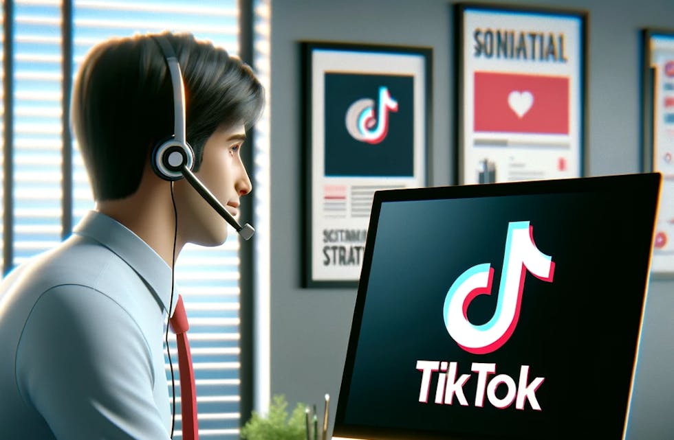 DALL·E 2023-12-20 14.09.03 - A realistic image of a customer service representative sitting at a desk, wearing a headset and looking at a computer screen displaying the TikTok log